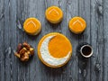 Homemade golden cake with a Crescent moon, served with black coffee and dates. Ramadan background