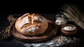 Homemade Goodness. Bread, Flour, and Wheat on a Dark Wooden Board. Generative AI Royalty Free Stock Photo