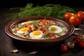 Homemade Goodness. Protein-Rich Meat and Egg Dish in a Clay Pot, Garnished with Vegetables and dill. Food blog Royalty Free Stock Photo