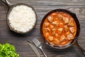 Homemade goulash traditional European beef meat stew soup spicy gravy food in cast iron pan with rice Royalty Free Stock Photo