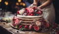 Homemade gourmet cake tier with whipped cream and berries generated by AI