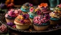 A homemade gourmet cupcake with multi colored icing and chocolate decoration generated by AI Royalty Free Stock Photo