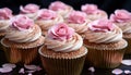 Homemade gourmet cupcake with pink icing, chocolate decoration, and strawberry generated by AI Royalty Free Stock Photo