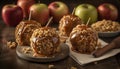 A homemade gourmet dessert plate with chocolate dipped caramel apple generated by AI