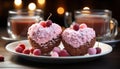 Homemade gourmet dessert sweet chocolate raspberry cupcake on pink plate generated by AI Royalty Free Stock Photo