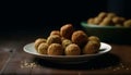 Homemade gourmet dessert, a sweet chocolate truffle on a plate generated by AI