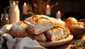 A homemade gourmet meal fresh ciabatta bread and baked meat generated by AI Royalty Free Stock Photo