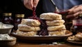 Homemade gourmet pancakes, fresh berries, and indulgent chocolate sauce generated by AI Royalty Free Stock Photo