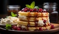 Homemade gourmet pancakes with fresh berries and whipped cream generated by AI Royalty Free Stock Photo
