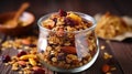 homemade granola with dried fruits and nuts in a glass jar Generative AI Royalty Free Stock Photo