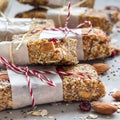 Granola energy bars with figs, oatmeal, almond, dry cranberry, chia and sunflower seeds, square format Royalty Free Stock Photo