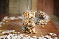 Homemade granola energy bars with figs, oatmeal, almond, dry cranberry, dates, nuts, raisins, sesame and healthy snack Royalty Free Stock Photo