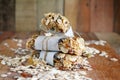 Homemade granola energy bars with figs, oatmeal, almond, dry cranberry, dates, nuts, raisins, sesame and healthy snack Royalty Free Stock Photo