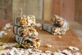 Homemade granola energy bars with figs, oatmeal, almond, dry cranberry, dates, nuts, raisins, sesame and healthy snack