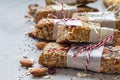 Homemade granola energy bars, healthy snack, copy space