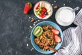 Homemade granola, milk and fresh fruits for healthy breakfast Royalty Free Stock Photo