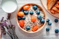 Homemade Granola Muesli Oatmeal for Breakfast Food, Granola With Fresh Fruit and Milk for Breakfast. Natural Baked Muesli and