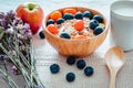 Homemade Granola Muesli Oatmeal for Breakfast Food, Granola With Fresh Fruit and Milk for Breakfast. Natural Baked Muesli and