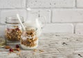 Homemade granola and natural yoghurt on a light wooden surface. Healthy food, healthy Breakfast Royalty Free Stock Photo