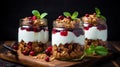 Homemade granola parfait with yogurt and cranberries in a glass jar on a black background Generative AI