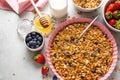 Homemade granola with raisin, seeds, nuts on baking sheet, milk or yogurt bottle, honey and blueberries, strawberries. Royalty Free Stock Photo