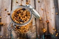 Homemade granola with raisins and nuts in a glass jar Royalty Free Stock Photo
