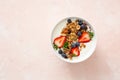 Homemade granola  with yogurt and fresh berries  in white bowl. Healthy breakfast concept Royalty Free Stock Photo