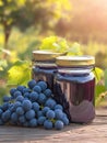 Homemade Grape Jam Jars Two jars of homemade grape jam fresh grapes vineyard setting sunlight harvest concept Royalty Free Stock Photo