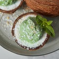 Close-up view a half of coconut with green mint ice cream with sprig of mint and coconut chips. Royalty Free Stock Photo