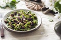 Homemade green nettle pasta with fried spring morel mushrooms Royalty Free Stock Photo