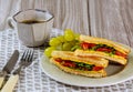 Homemade grilled cheese sandwich, grape and coffee for breakfast Royalty Free Stock Photo