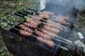 Homemade grilled sausages outdoors. Tasty food for barbecue party Royalty Free Stock Photo