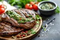 Homemade grilled steak with chimichurri sauce and spices. Generative AI