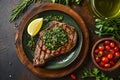 Homemade grilled steak with chimichurri sauce and spices. Generative AI