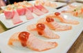 Homemade grilled toro salmon sushi sake nigiri top on rice wit