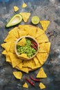 Homemade guacamole with nachos on a rustic background, top view. Mexican food.