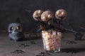 Homemade Halloween cake pops as monsters with dark chocolate. Sweets for kids on Halloween Royalty Free Stock Photo