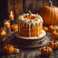 Homemade Halloween Cake topping with orange flowers and candle decorated scary pumpkin. Dessert and food bakery