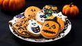 Homemade Halloween Cookies decorated with Orange, Purple and Green Icing