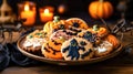 Homemade Halloween Cookies decorated with Orange, Purple and Green Icing. Halloween food. Trick or treat