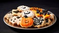 Homemade Halloween Cookies decorated with Orange, Purple and Green Icing. Halloween food. Trick or treat