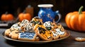 Homemade Halloween Cookies decorated with Orange, Purple and Green Icing