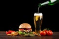 Homemade hamburger with french fries and bottle of beer pouring into a glass. Fastfood on dark background on wooden table Royalty Free Stock Photo