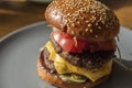 Homemade hamburger with two cutlets, fresh tomato, pickled cucumbers