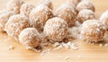 Homemade handmade sweet candy balls in coconut shavings. Healthy eating lifestyle concept