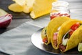 Homemade hard-shell tacos. Corn tortillas with a filling