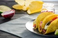 Homemade hard-shell tacos. Cripsy corn tortillas