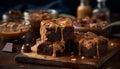 Homemade hazelnut fudge, a decadent indulgence on rustic table generated by AI