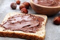 Homemade hazelnut spread in wooden bowl. Hazelnut Nougat cream Royalty Free Stock Photo