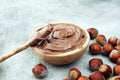 Homemade hazelnut spread in wooden bowl. Hazelnut Nougat cream Royalty Free Stock Photo